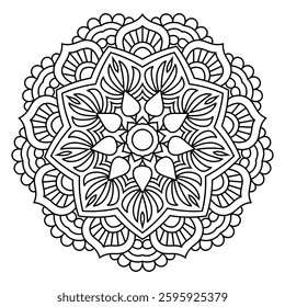 Elegant Floral Mandala Intricate Line Art for Coloring Books, Henna, Tattoos, Ornamental, Boho, Spiritual and Symmetrical Design for Mindfulness and Healing