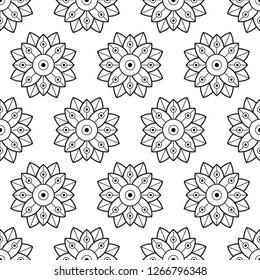 Elegant floral mandala motif in black, white colours. Exotic folk flower pattern. Minimal seamless vector design for interior, wallpaper, fabric, textile, phone case. Geometric allover ornament
