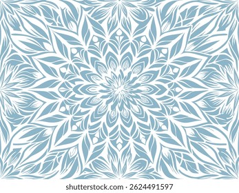 Elegant floral mandala pattern in soft blue tones with symmetrical leaf design. Perfect for wallpapers, fabric prints, invitations, and decorative artwork with a calming geometric flair.