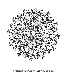 Elegant floral mandala vector with intricate line art for coloring books, henna, and tattoos. Stylish ethnic, tribal, boho, and spiritual designs, perfect for mindfulness, healing, creative expression