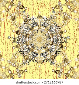 Elegant floral mandala vector pattern with intricate ornamental details on a textured yellow background. Perfect seamless design for wallpapers, fabrics, wrapping paper, and decorative projects.