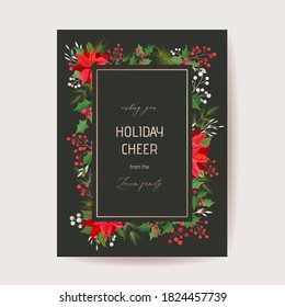 Elegant Floral Merry Christmas, New Year 2021 Card, Poinsettia, Pine Wreath, Mistletoe, Holly Berry, Winter plants design illustration for greetings, invitation 2020, flyer, brochure, cover in vector