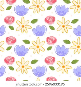 Elegant Floral Mix Seamless Pattern with Roses Daisies and Tulips Hand Drawn Botanical Digital Paper for Stationery and Home Decor