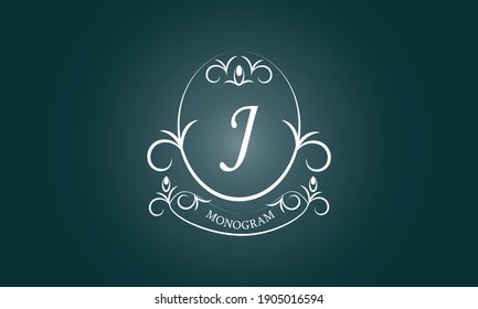 Elegante modelo de diseño de monograma floral para la letra J. Cartel de negocios, logotipo de identidad para restaurante, boutique, hotel, heráldico, joyería.