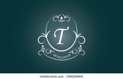 Elegant floral monogram design template for letter T. Business sign, identity logo for restaurant, boutique, hotel, heraldic, jewelry.