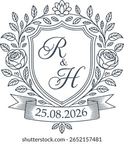 Elegante monograma floral con iniciales r y fecha de mano