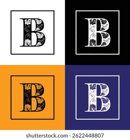 Elegant Floral Monogram Letter B Logo Design in Square Frame