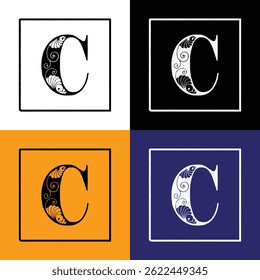 Elegant Floral Monogram Letter C Logo Design in Square Frame