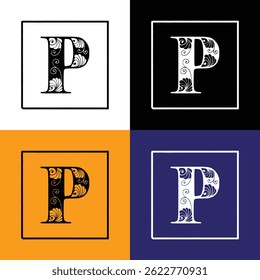 Elegant Floral Monogram Letter P Logo Design in Square Frame