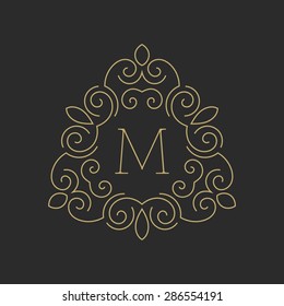 Elegant floral monogram logo design template with letter M. Lineart vector illustration.