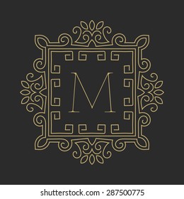 Elegant floral monogram logo design template with letter M. Lineart vector illustration.