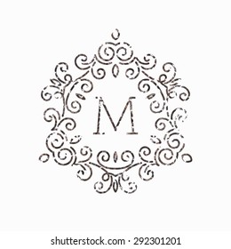 Elegant floral monogram logo design template with letter M in grunge style. Lineart vector illustration