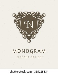 Elegant floral monogram logo design template with letter N. Retro style lineart vector illustration for restaurant, boutique, hotel, heraldic, jewelry, fashion, business signs or banner, card, label.