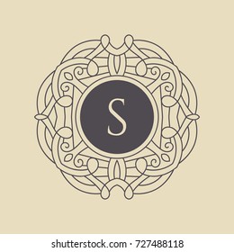 Elegant floral monogram logo design template. Retro style lineart for banner, card, invitation, label, emblem. Business sign, monogram identity, elegant ornament. Vector illustration.