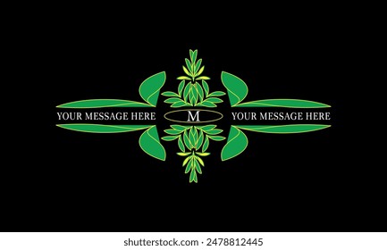Elegant floral monogram template with letter M in center and space for text. Good for business, boutique, hotel, jewelry, fashion, etc.