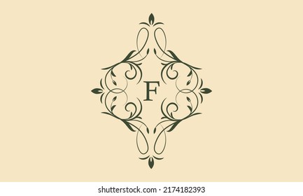 Elegante plantilla de monograma floral para una o dos letras, por ejemplo F. Exquisito adorno caligráfico. Signo de negocio, monograma es idéntico para restaurante, boutique, café, hotel, etc