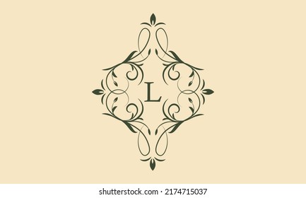An elegant floral monogram template for one or two letters such as L. Exquisite calligraphic ornament. Business sign, monogram is identical for restaurant, boutique, cafe, hotel and other