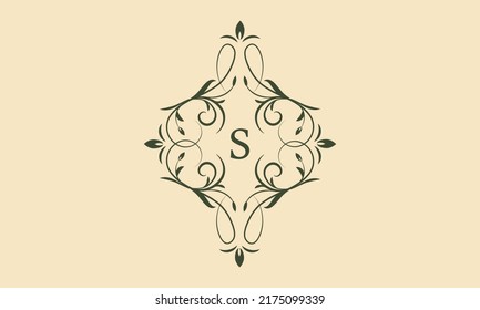 An elegant floral monogram template for one or two letters such as S. Exquisite calligraphic ornament. Business sign, monogram is identical for restaurant, boutique, cafe, hotel and other