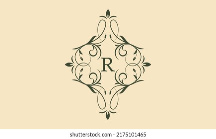 Una elegante plantilla de monograma floral para una o dos letras como R. Exquisito adorno caligráfico. Signo de negocio, monograma es idéntico para restaurante, boutique, café, hotel y otros
