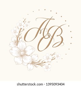 Elegant floral monogram with two letters AB. Design template floral frame, leaves and elements, calligraphic letters. Monogram for invitation, wedding or greeting cards, emblem and label. Vector EPS10