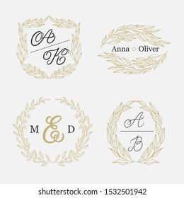 Elegant floral monograms and borders. Design templates for wedding invitations, menus, save the date cards. Wedding monograms. Golden leaves elegant ornament. Vector illustration.