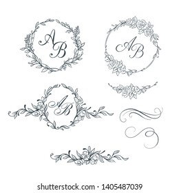 Elegant floral monograms and decorative elements. Design templates for invitations, labels. Wedding monograms. Calligraphic elegant ornament.