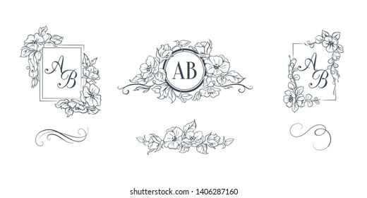 Elegant floral monograms and decorative elements. Design templates for invitations, labels. Wedding monograms. Calligraphic elegant ornament.