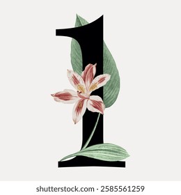 Elegant floral number one design with a pink lily and green leaves. Stylish number one illustration featuring a lily. Perfect for floral-themed decor. Vintage art illustration, vector.