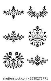 Elegant floral ornament designs in black silhouette for decorative graphic elements