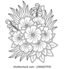 Elegant Floral ornament. Natural Monochrome vector illustration. Outline hand draw abstract Design with Flowers and Leaves Element.Vector Contour Art. Antistress Coloring Book Page for print.
