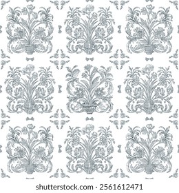 Elegant Floral Ornament Seamless Pattern Background, Toile de jouy Vintage Classic Damask Style