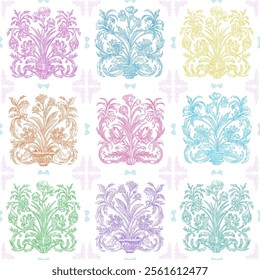 Elegant Floral Ornament Seamless Pattern Background, Toile de jouy Vintage Classic Damask Style