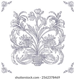 Elegant Floral Ornament Seamless Pattern Background, Toile de jouy Vintage Classic Damask Style