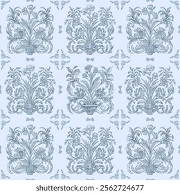 Elegant Floral Ornament Seamless Pattern Background, Toile de jouy Vintage Classic Damask Style