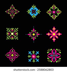 Elegant floral ornament set, decorative symmetrical patterns, colorful folk art design, intricate vintage motifs, bohemian style, traditional embroidery elements, perfect for backgrounds and textiles.