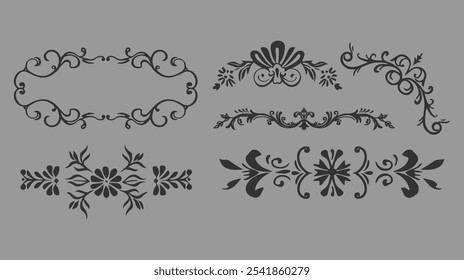 Elegant Floral Ornament Vector Set with Vintage Swirls and Decorative Frames Ideal for Invitations, Borders, and Classic Design Accents

