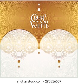 elegant floral ornamental background with inscription Gold and White, golden decor on light pattern, can be use for invitation, wedding, greeting card, cover, packing, vector illustration