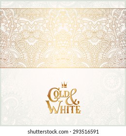 elegant floral ornamental background with inscription Gold and White, golden decor on light pattern, can be use for invitation, wedding, greeting card, cover, packing, vector illustration