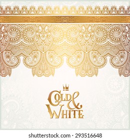 elegant floral ornamental background with inscription Gold and White, golden decor on light pattern, can be use for invitation, wedding, greeting card, cover, packing, vector illustration