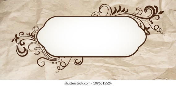 Elegant floral ornamental blank frame in vintage brown over crumpled craft paper. Vector background illustration.