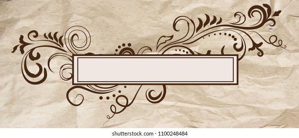 Elegant floral ornamental blank frame in vintage brown over crumpled craft paper. Vector background illustration.
