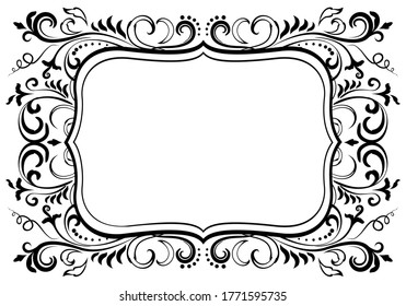 Elegant floral ornamental blank frame in black isolated over white. Victorian baroque border vector background illustration.