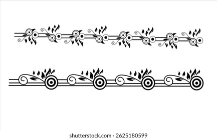 Elegant floral ornamental borders with swirling vines and circular motifs in black and white.