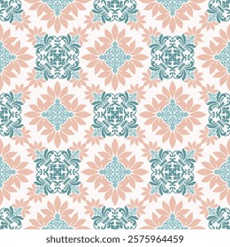 Elegant Floral and Ornamental Pattern with Symmetrical Peach and Teal Design Elements.