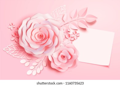 Elegant floral paper art with blank note in pink tone, 3d illustration