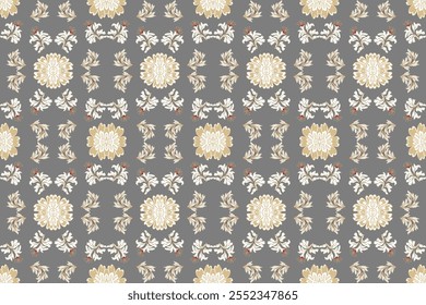 Elegante estampado floral con flores beige y blancas, delicadas hojas y detalles intrincados sobre un fondo gris, creando un diseño sofisticado y atemporal