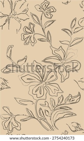 Elegant floral pattern with black line art flowers on beige. This vintage sketch design creates a chic minimalist look ideal for stylish wallpaper fashion textiles or rustic packaging prints.