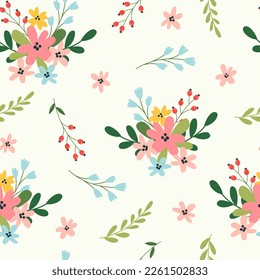 Elegant floral pattern with bouquets of flowers, branches and colorful flowers. Floral background for trendy prints. Summer and spring motifs.