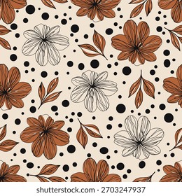 Elegant floral pattern with brown and black hand-drawn flowers and leaves on beige background, seamless botanical design featuring organic line art blooms and scattered dots for textile and wallpaper.