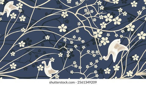 Elegant Floral Pattern with Cats Amidst Branches